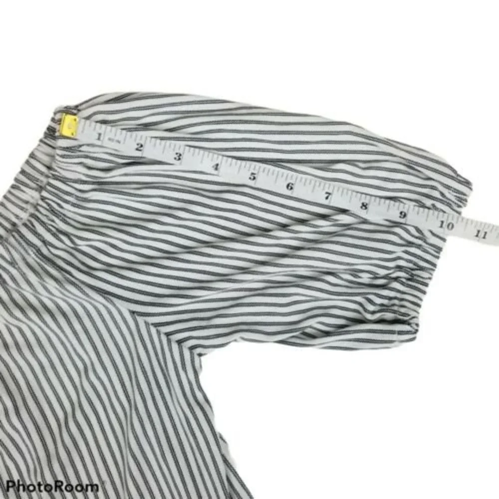 LOFT Blouse Medium Navy Blue Pinstripe Off the Shoulder Puff Sleeve Striped Top